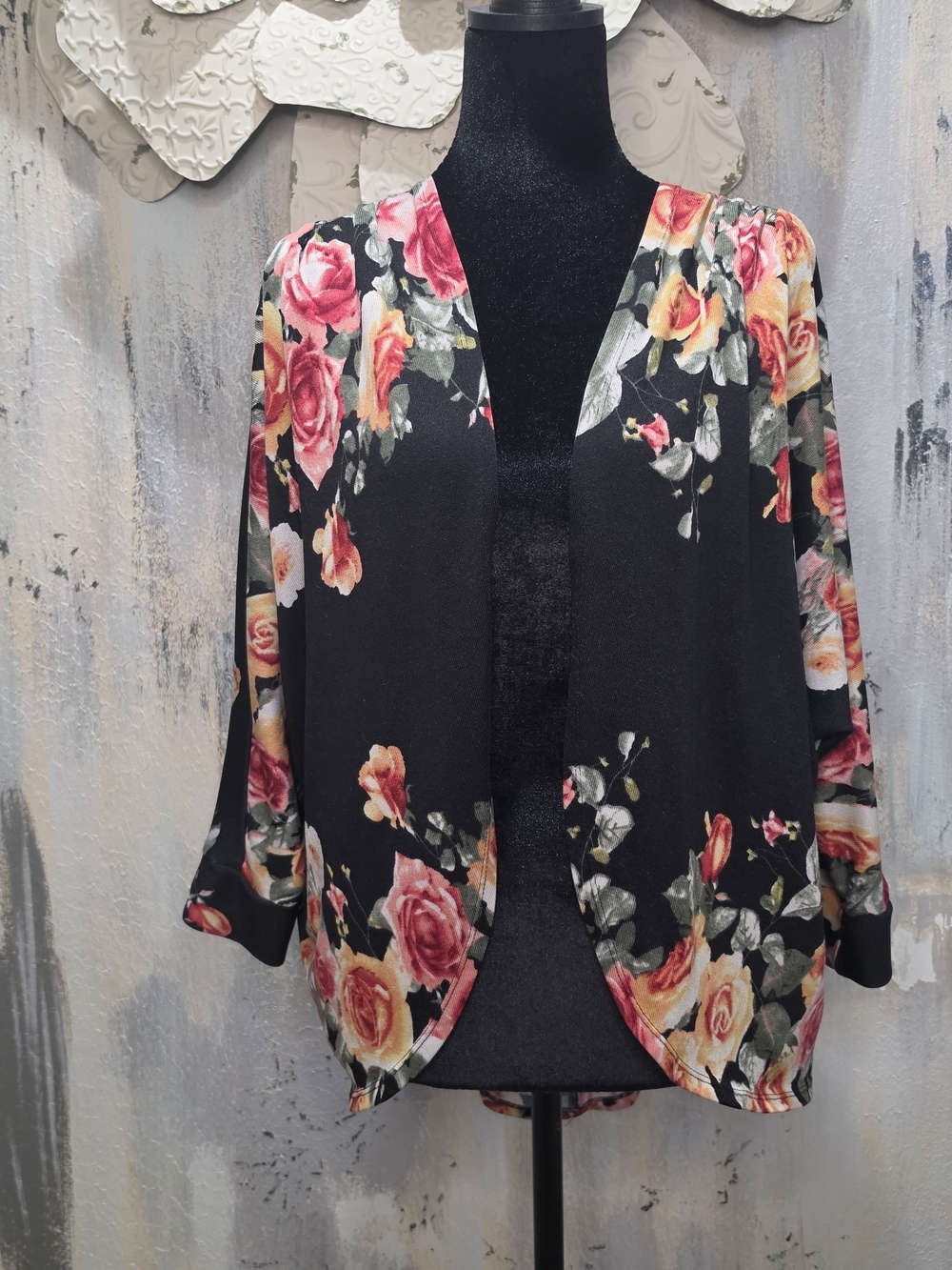 Mauve Black Floral Open Cardigan with Pink and Yellow Roses